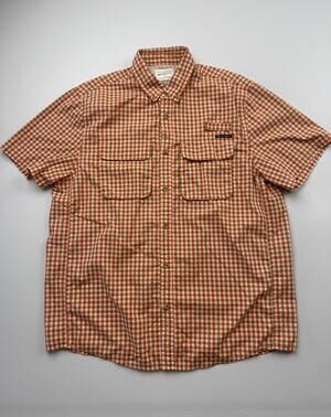 Field & Stream Shirt Mens Large Orange Check Short Sleeve Button Up Outdoor
